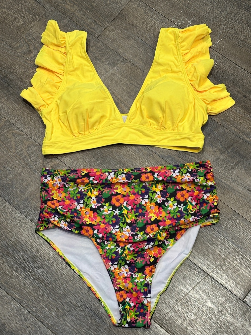 Yellow Purple Spring Floral Ruffle Bikini XLarge NWOT